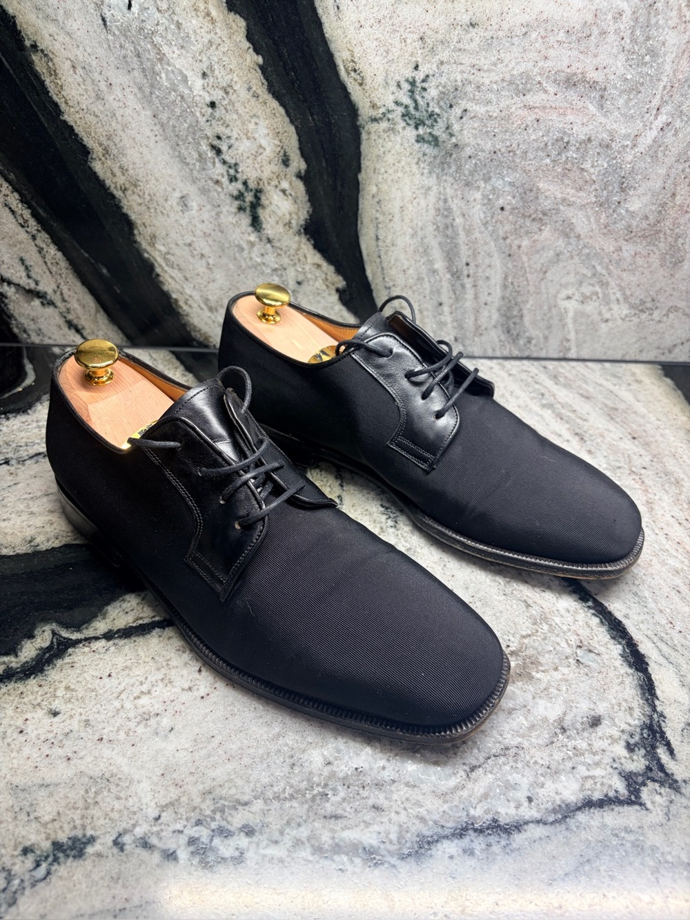 Santoni Black Textile Leather Derby Dress Shoes Men’s UK 9 US 10 Italy